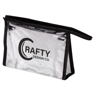 Plastic black and clear toiletry bag with personalized logo.