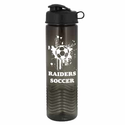 Plastic gray water bottle with flip top lid and custom print in 24 ounces.