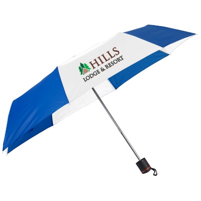Royal blue with white 43 inch mini folding umbrella with full color imprint.