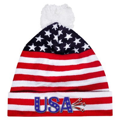Patriotic knit cap with embroidered logo.