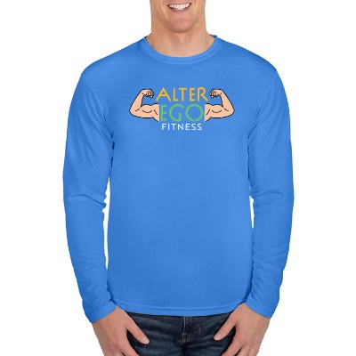 Full color electric blue long sleeve tee with logo.