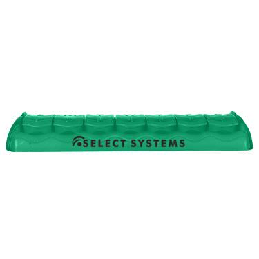 Plastic green pill box with a branded logo.