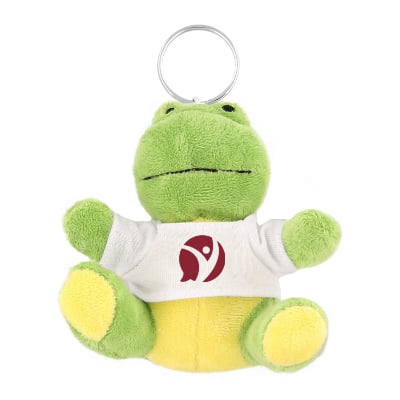 Plush and cotton frog key chain with white shirt with branded imprint.