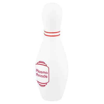 Foam bowling pin stress reliever with imprinted logo.