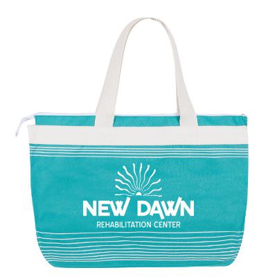 Polyester teal harbor stripe tote with personalized logo.