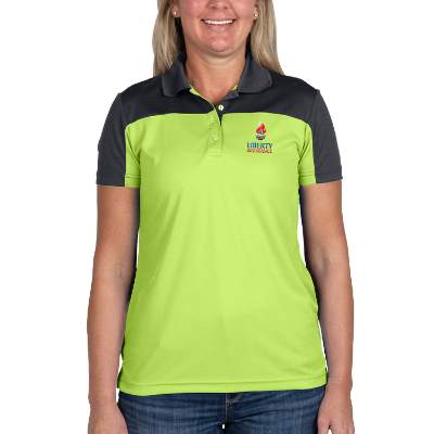 Customized embroidered  safety yellow with carbon colorblock ladies' performance polo