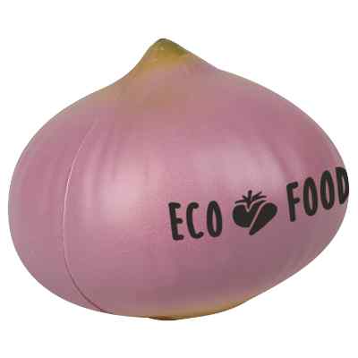 Foam red onion stress ball with custom imprint.