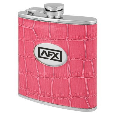 Pink flask with custom imprint in 6 ounces.