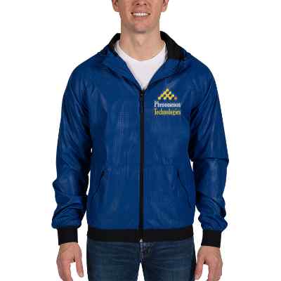 Custom embroidered true royal blue with black hooded wind jacket with logo.