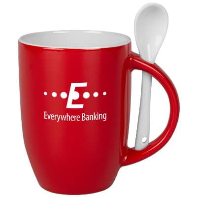 Ceramic red coffee mug with c-handle and custom design in 12 ounces.