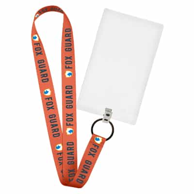 1 inch satin polyester full-color custom lanyard with black key ring and event ID.