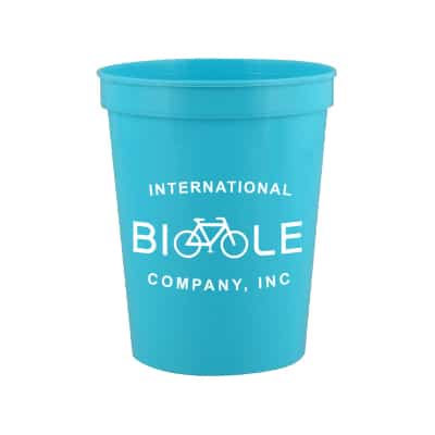 Plastic bright aqua stadium cup with custom imprint in 16 ounces.