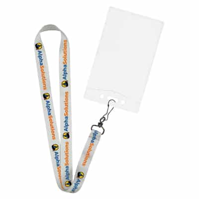 3/4 inch satin polyester full-color custom logo lanyard with black j-hook and event ID holder.