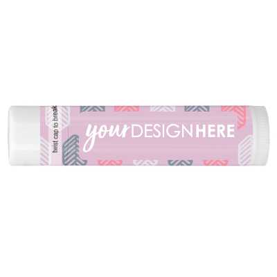Pink background lip balm with a promotional logo.