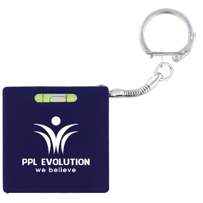 Metal and plastic blue square tape measure level keychain with promotional imprint.