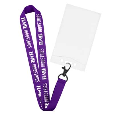 1 inch purple grosgrain polyester lanyard with custom design, lobster clip and event badge holder.