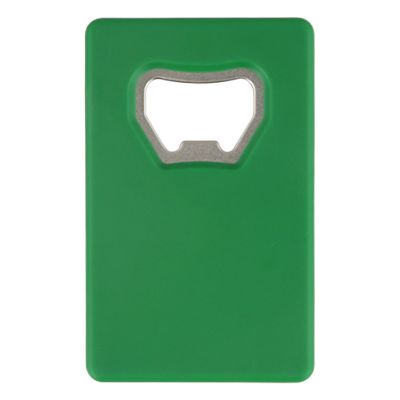 Plastic green with metal credit card bottle opener blank.