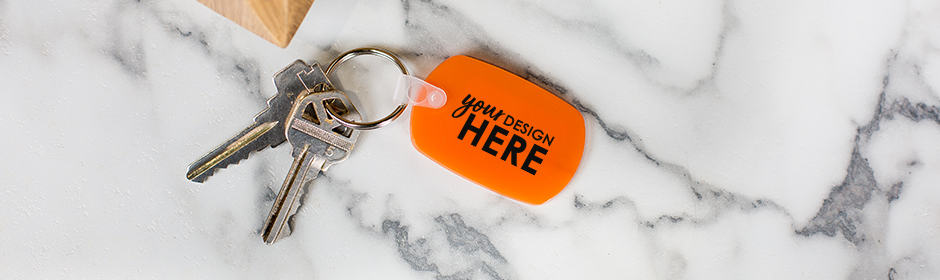 Orange key tag with black imprint