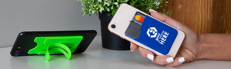 Green phone wallet with black imprint and blue phone wallet with white imprint