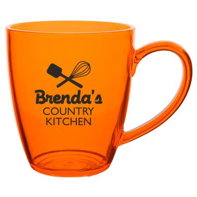 Acrylic orange coffee mug with c-handle and custom print in 14 ounces.