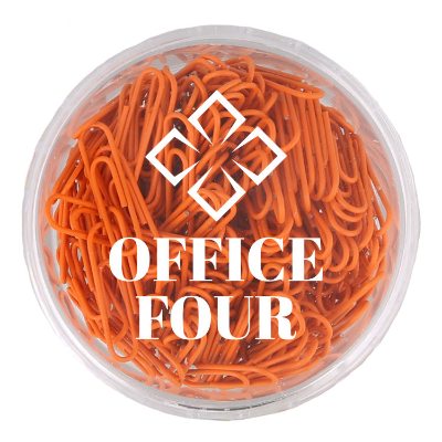 Clear plastic paperclip holder with blue paperclips with personalized promotional logo.