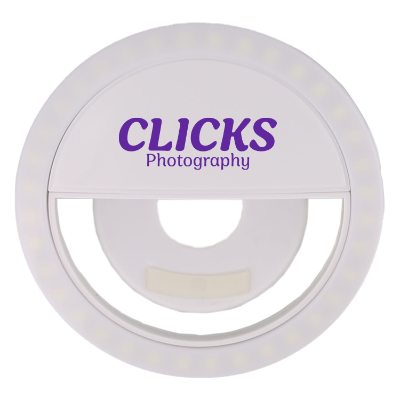 White plastic clip-on ring light with rechargable batteries with custom imprint color.