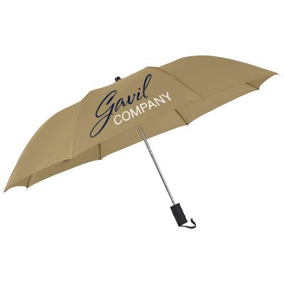 Full color imprint on khaki 44 inch folding automatic umbrella with wrist strap .
