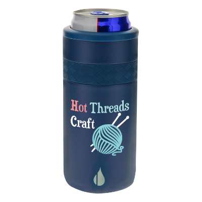 Stainless navy slim can cooler with custom full color imprint.