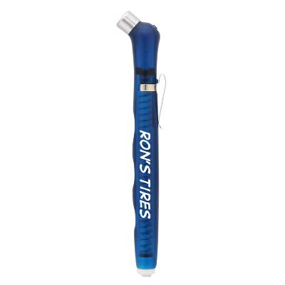 Blue tire gauge with a plastic body with custom printed logo.