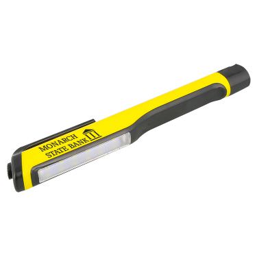 Plastic yellow flashlight with a branded logo.