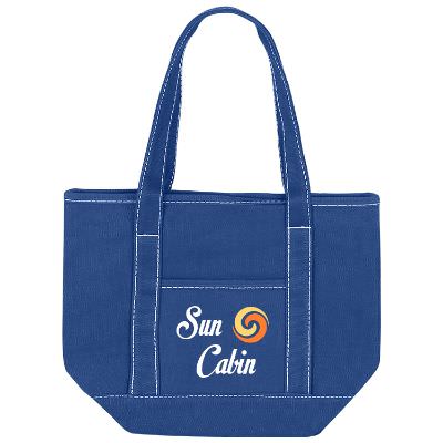 Cotton canvas natural small cruiser tote with logoed full color imprint.