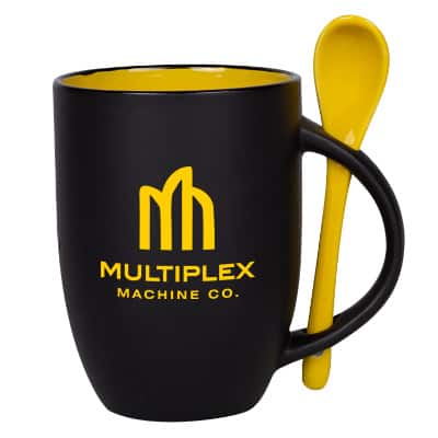 Ceramic black with yellow coffee mug with c-handle and custom print in 12 ounces.