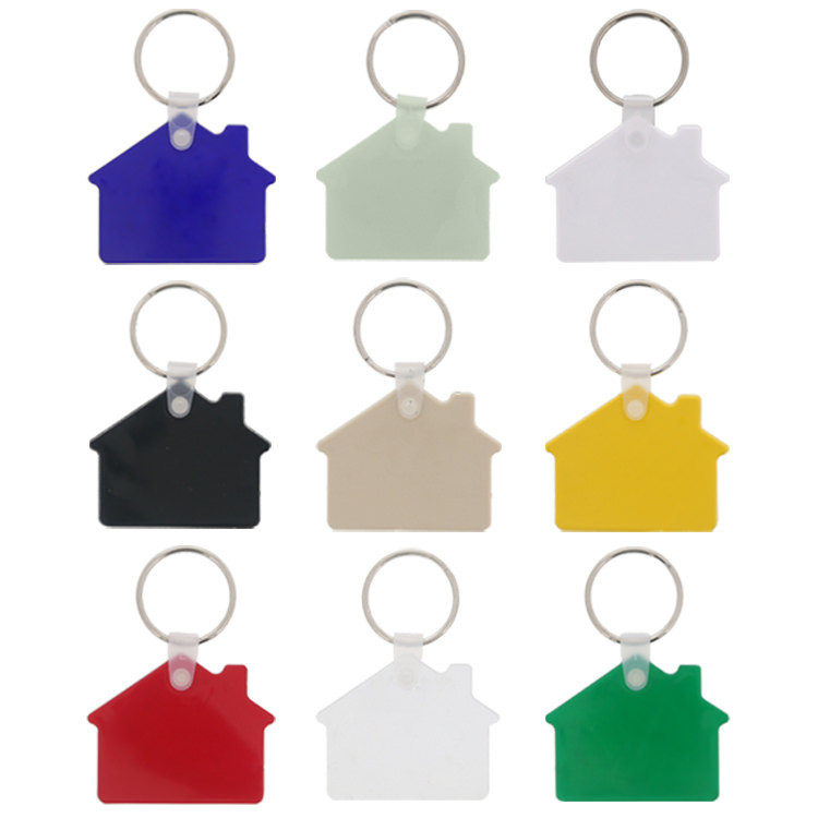 Plastic house shaped key tag keychain.