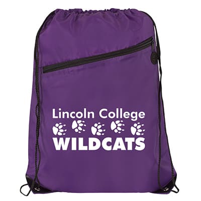 Polyester black drawstring bag with custom logo, zippered front pocket and reinforced corners.