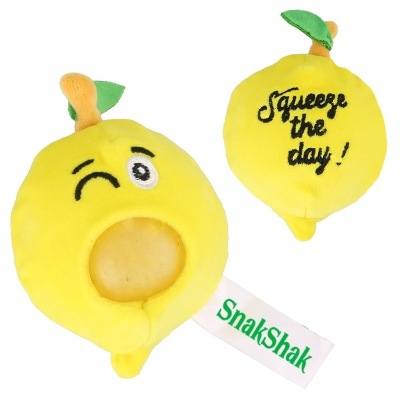 Yellow plush stress buster with a custom imprint.