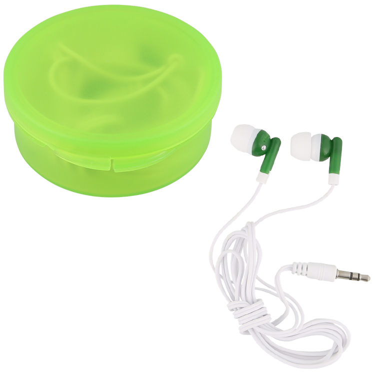 Plastic case with earbuds.