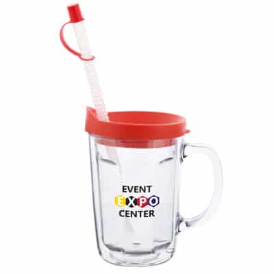 Arcylic clear with red tumbler with custom full-color imprint in 14 ounces.