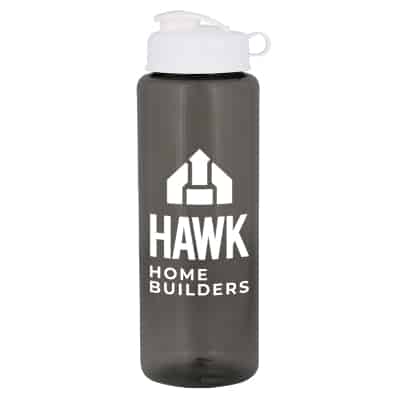 Plastic gray water bottle with flip top lid and custom promtions in 32 ounces.