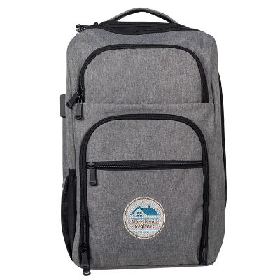 Gray backpack with embroidered logo.