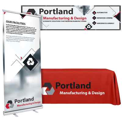 Custom polyester table cover, 33.5 inch custom banner stand and 2 feet by 8 feet banner trade show package.