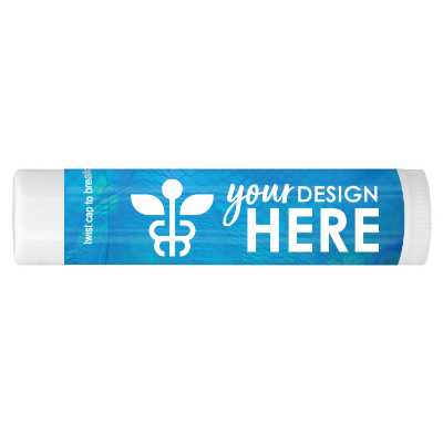 Red background branded lip balm with a custom logo.