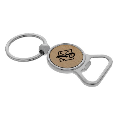 Silver metal and wood bottle cap opener key tag with custom imprint.