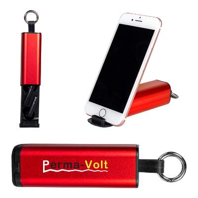 Red plastic phone stand with a personalized logo.