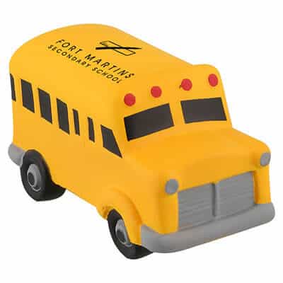 Foam school bus stress ball with a promotional imprint.