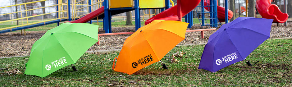 Green promotional auto open umbrellas with white imprint, orange custom automatic umbrellas with black imprint, and purple auto open close umbrella with white imprint