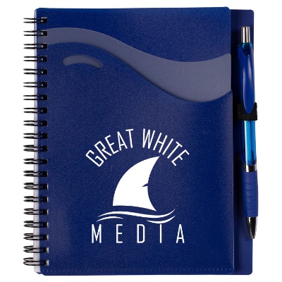 Custom logo on purple notebook with front pockets and matching pen.