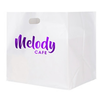 Plastic white foil stamped recyclable take out bag with logo.