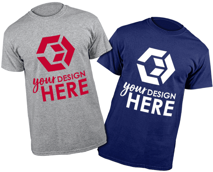 Gray short sleeve promotional t shirts with red imprint and blue short sleeve custom logo tshirts with white imprint