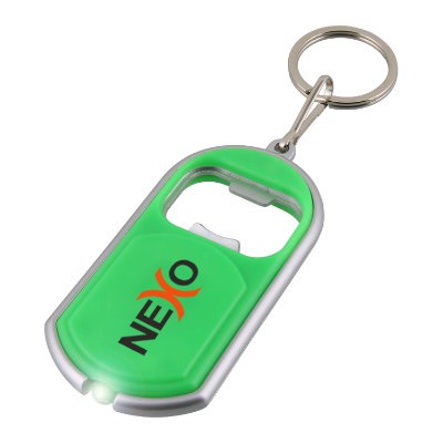 Plastic lime green keychain light with metal bottle opener full color customized.