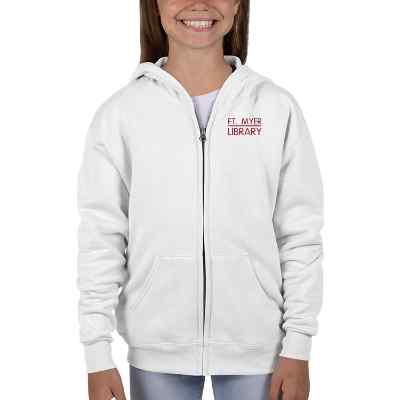 Personalized white youth full-zip hooded sweatshirt with logo.
